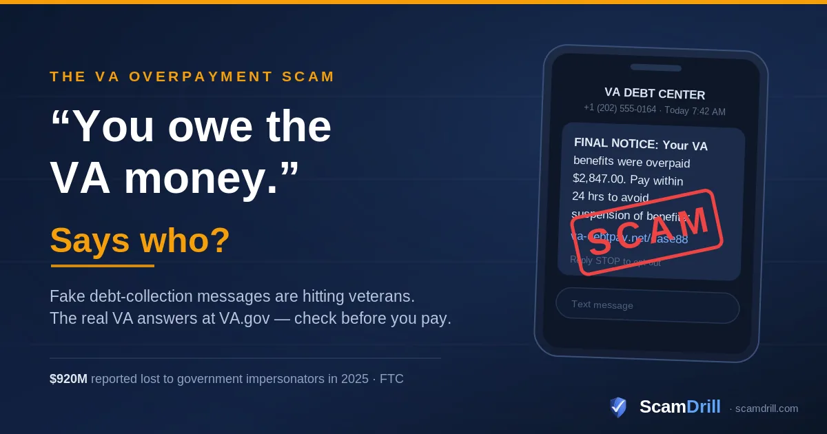 Cover graphic on a deep navy field reading The VA Overpayment Scam, with the line Fake debt-collection messages are hitting veterans, showing a phone with a threatening text that claims VA benefits were overpaid and demands payment within 24 hours, stamped SCAM, and a stat noting 920 million dollars in reported losses to government impersonators in 2025