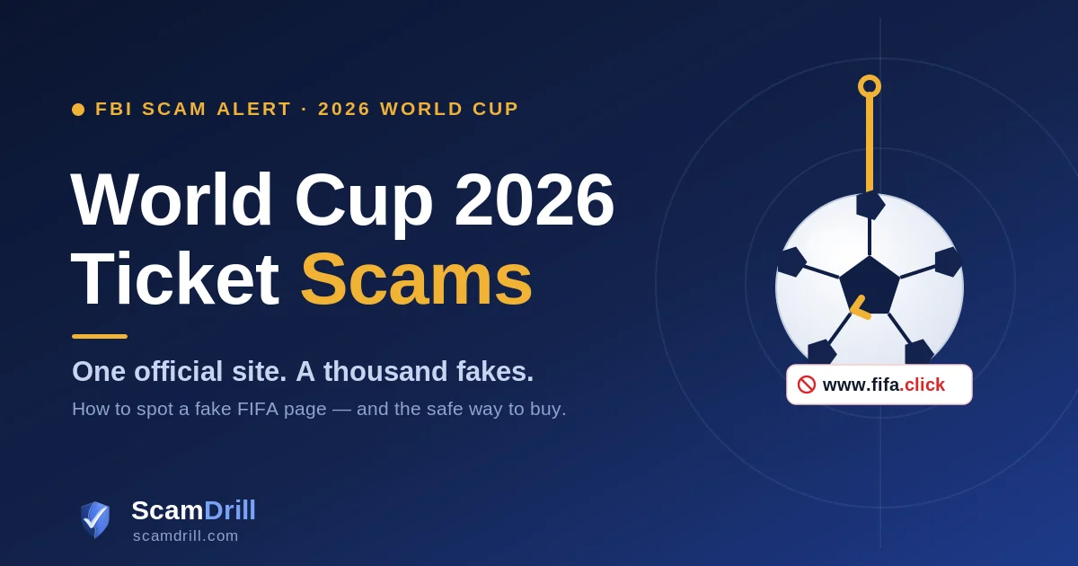 Cover graphic on a deep navy field reading World Cup 2026 Scams, with the line One official site, a thousand fakes, showing a soccer ball snagged on a gold fishing hook beside a browser address bar where the letters of fifa dot com are subtly altered to a look-alike spoof